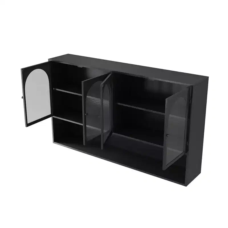 Buffet de cuisine mural, Meuble haut 4 portes vitrées avec étagère ouverte, Rangement minimaliste moderne pour salon, salle de bain, salle à manger