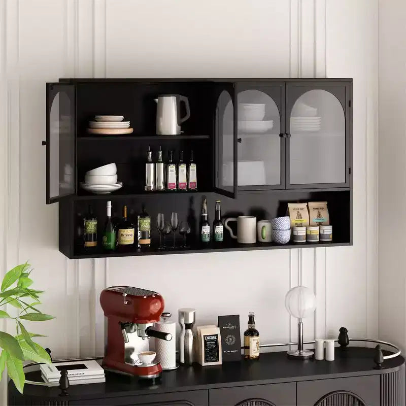 Wall Mounted Kitchen Sideboard, 4 Glass Door Wall Cabinet with Open Shelf, Modern Minimalist Storage for Living Room, Bathroom, Dining Room