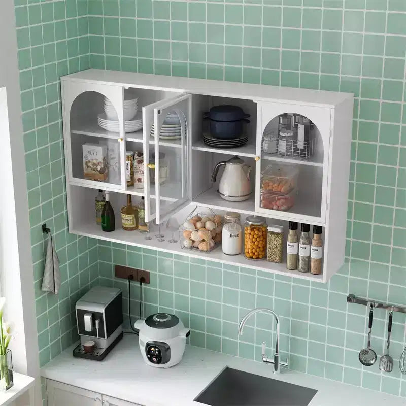 Buffet de cuisine mural, Meuble haut 4 portes vitrées avec étagère ouverte, Rangement minimaliste moderne pour salon, salle de bain, salle à manger