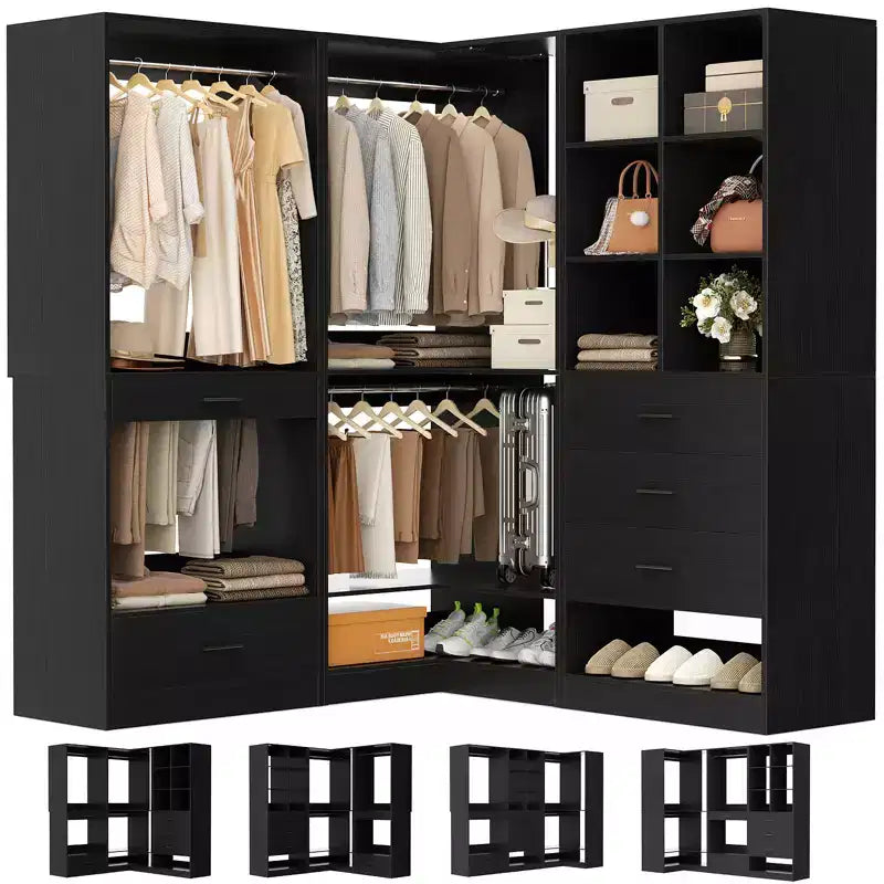 Système d'organisation de placard d'angle avec tiroirs et tringles, système de rangement en cubes pour dressing