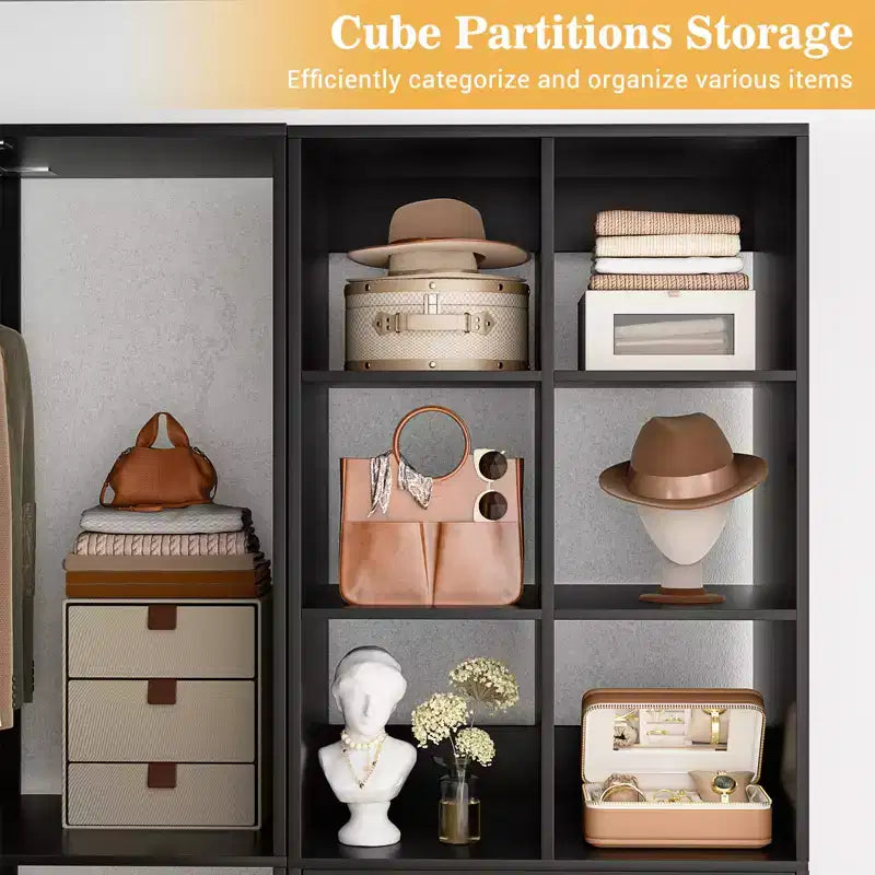 Système d'organisation de placard d'angle avec tiroirs et tringles, système de rangement en cubes pour dressing