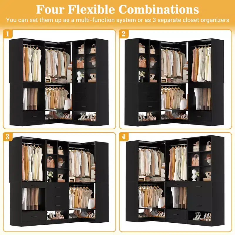 Système d'organisation de placard d'angle avec tiroirs et tringles, système de rangement en cubes pour dressing