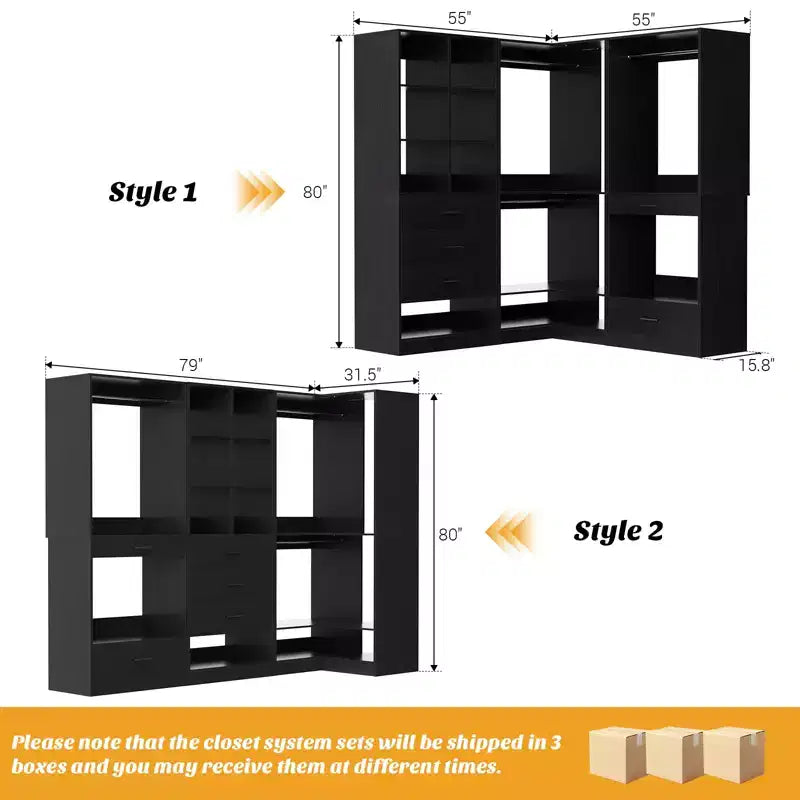 Système d'organisation de placard d'angle avec tiroirs et tringles, système de rangement en cubes pour dressing