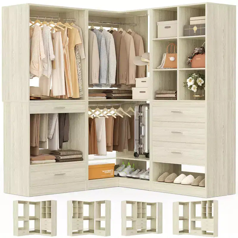 Système d'organisation de placard d'angle avec tiroirs et tringles, système de rangement en cubes pour dressing