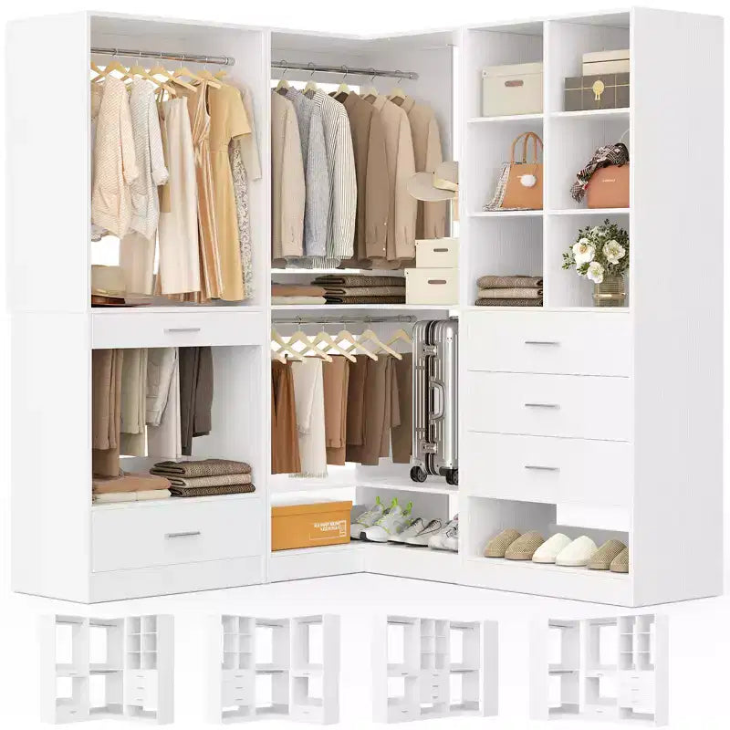 Système d'organisation de placard d'angle avec tiroirs et tringles, système de rangement en cubes pour dressing