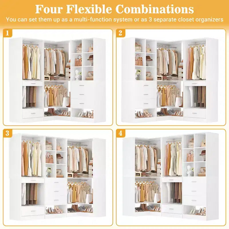 Système d'organisation de placard d'angle avec tiroirs et tringles, système de rangement en cubes pour dressing