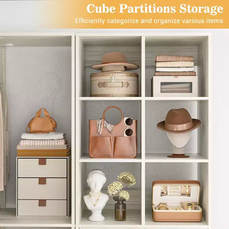 Système d'organisation de placard d'angle avec tiroirs et tringles, système de rangement en cubes pour dressing