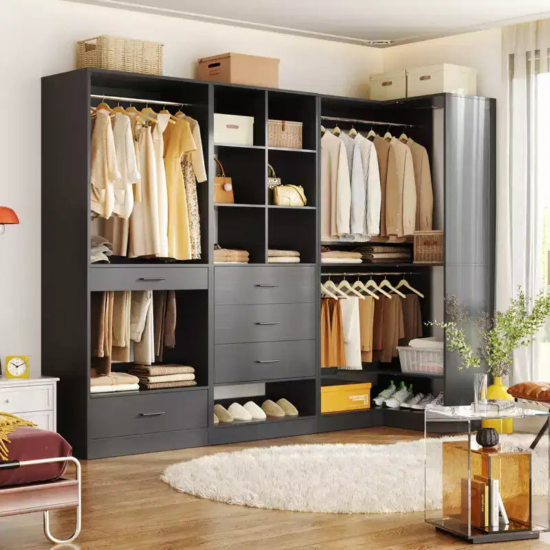 Système d'organisation de placard d'angle avec tiroirs et tringles, système de rangement en cubes pour dressing