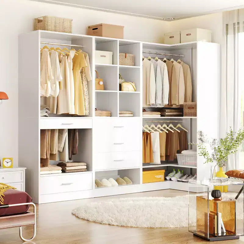 Système d'organisation de placard d'angle avec tiroirs et tringles, système de rangement en cubes pour dressing