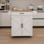 MAYEERTY White Rolling Kitchen Island Trolley, Rubber Wood Top Adjustable Shelves Towel/Seasoning Racks