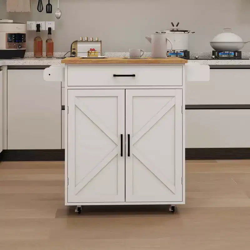 MAYEERTY White Rolling Kitchen Island Trolley, Rubber Wood Top Adjustable Shelves Towel/Seasoning Racks
