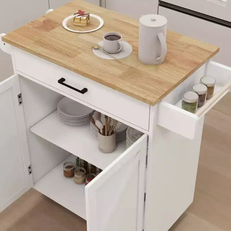 Desserte de cuisine roulante blanche, dessus en bois d'hévéa, étagères réglables, porte-serviettes/porte-épices