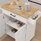Desserte de cuisine roulante blanche, dessus en bois d'hévéa, étagères réglables, porte-serviettes/porte-épices
