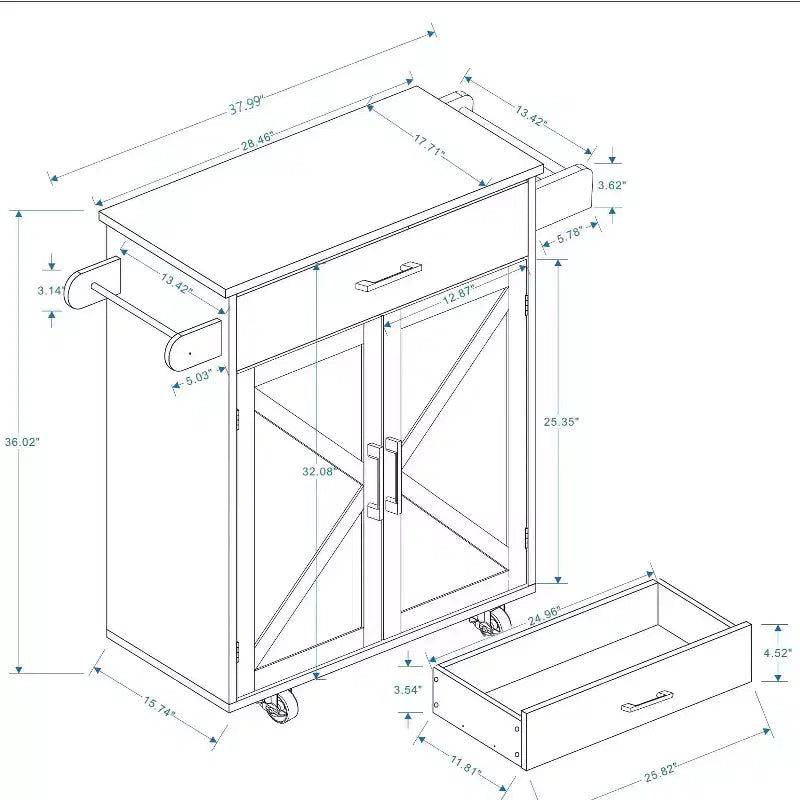 Desserte de cuisine roulante blanche, dessus en bois d'hévéa, étagères réglables, porte-serviettes/porte-épices