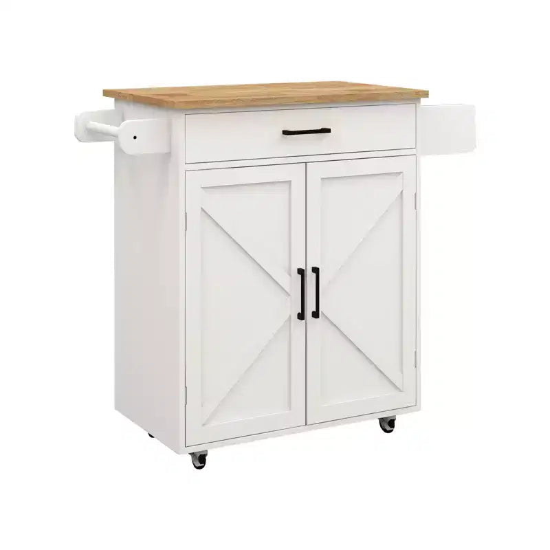 Desserte de cuisine roulante blanche, dessus en bois d'hévéa, étagères réglables, porte-serviettes/porte-épices