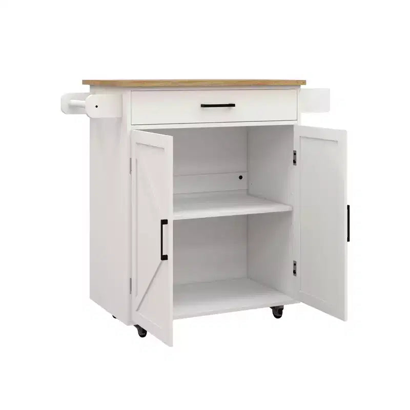Desserte de cuisine roulante blanche, dessus en bois d'hévéa, étagères réglables, porte-serviettes/porte-épices