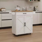 Desserte de cuisine roulante blanche, dessus en bois d'hévéa, étagères réglables, porte-serviettes/porte-épices