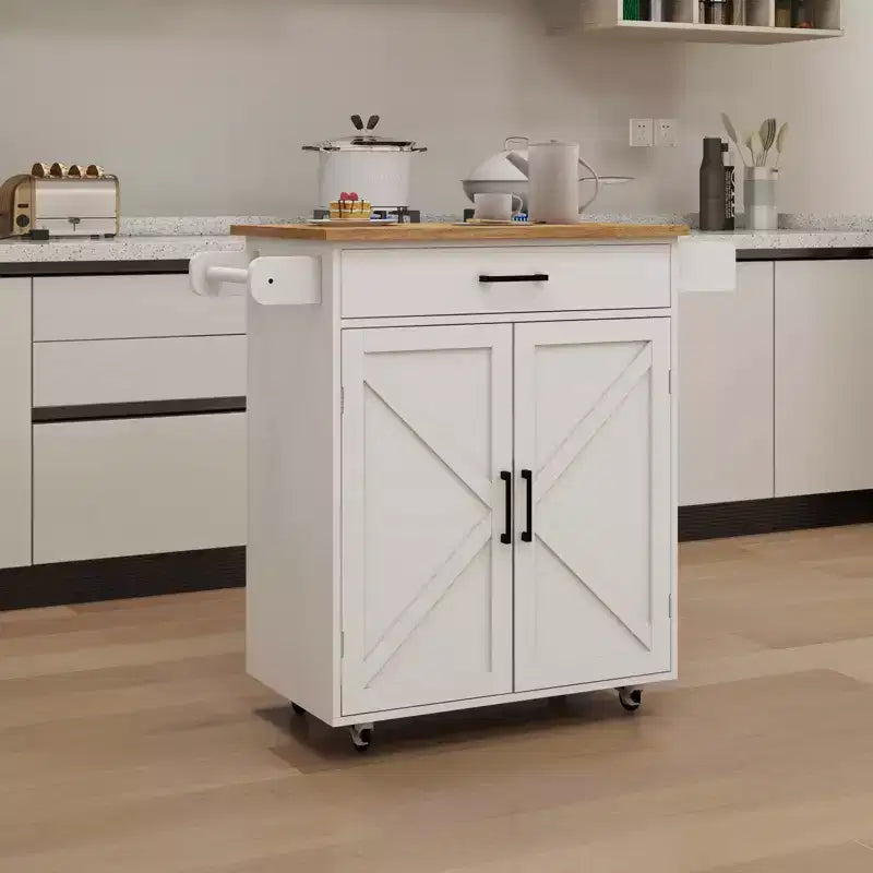Desserte de cuisine roulante blanche, dessus en bois d'hévéa, étagères réglables, porte-serviettes/porte-épices