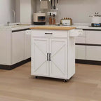 Desserte de cuisine roulante blanche, dessus en bois d'hévéa, étagères réglables, porte-serviettes/porte-épices