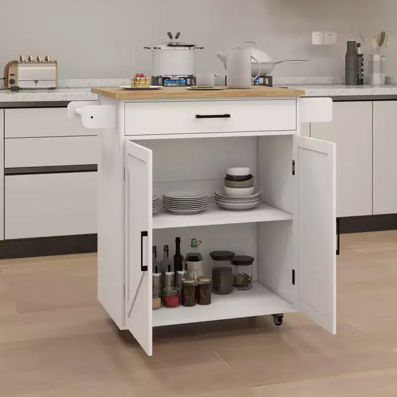 Desserte de cuisine roulante blanche, dessus en bois d'hévéa, étagères réglables, porte-serviettes/porte-épices