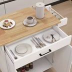 Desserte de cuisine roulante blanche, dessus en bois d'hévéa, étagères réglables, porte-serviettes/porte-épices