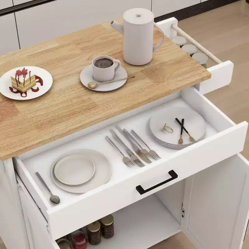 Desserte de cuisine roulante blanche, dessus en bois d'hévéa, étagères réglables, porte-serviettes/porte-épices