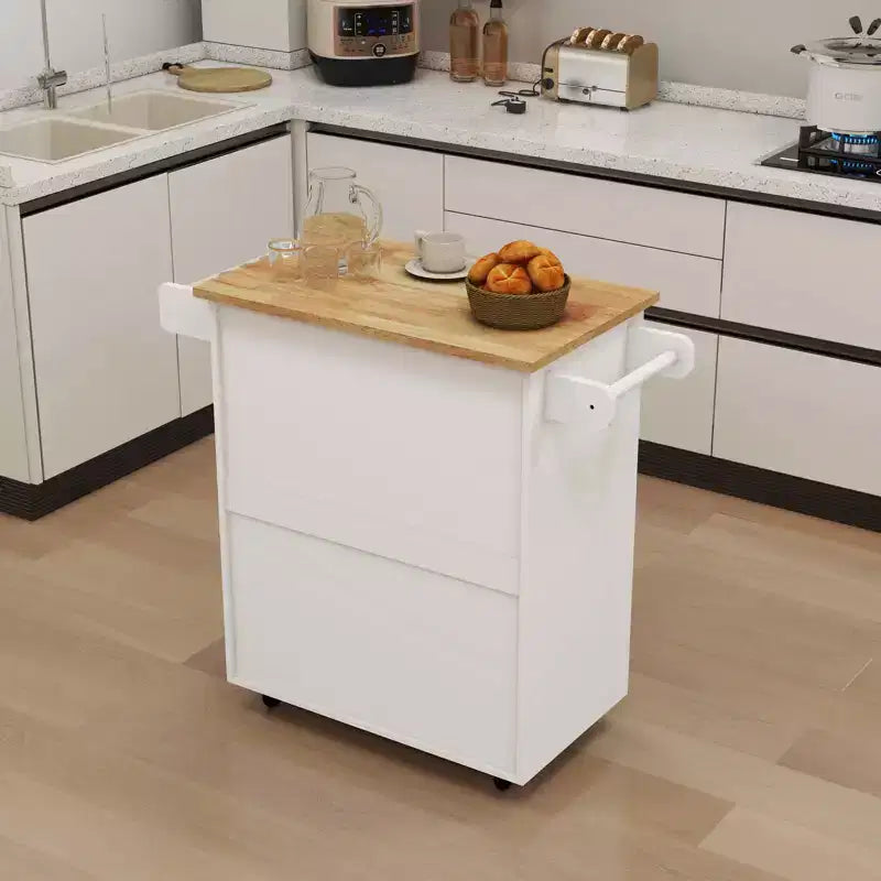 Desserte de cuisine roulante blanche, dessus en bois d'hévéa, étagères réglables, porte-serviettes/porte-épices