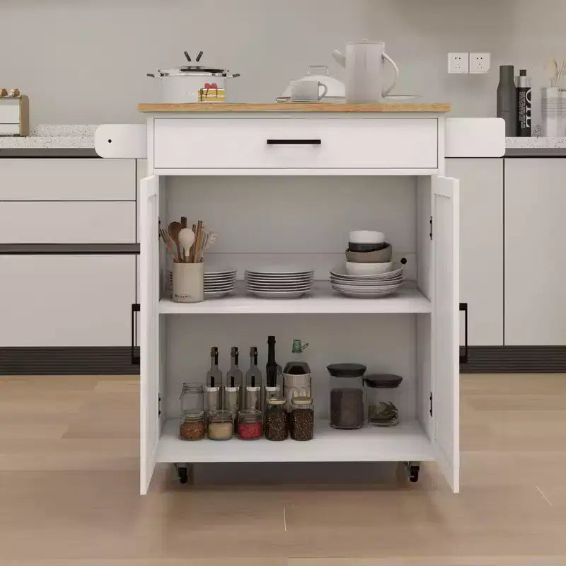 Desserte de cuisine roulante blanche, dessus en bois d'hévéa, étagères réglables, porte-serviettes/porte-épices