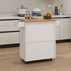 Desserte de cuisine roulante blanche, dessus en bois d'hévéa, étagères réglables, porte-serviettes/porte-épices