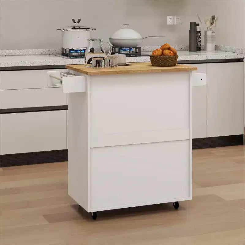 Desserte de cuisine roulante blanche, dessus en bois d'hévéa, étagères réglables, porte-serviettes/porte-épices