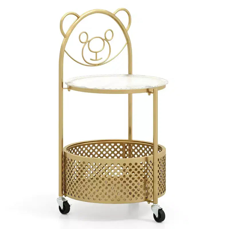 Table Basse Mobile en Verre à 2 Niveaux avec Panier de Rangement Motif Ours