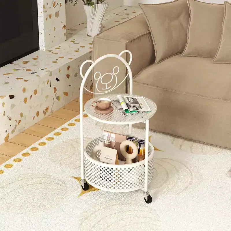 Table Basse Mobile en Verre à 2 Niveaux avec Panier de Rangement Motif Ours