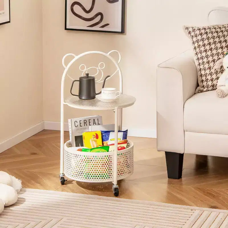 Table Basse Mobile en Verre à 2 Niveaux avec Panier de Rangement Motif Ours