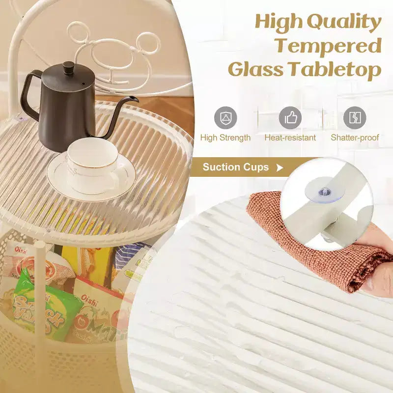 Table Basse Mobile en Verre à 2 Niveaux avec Panier de Rangement Motif Ours