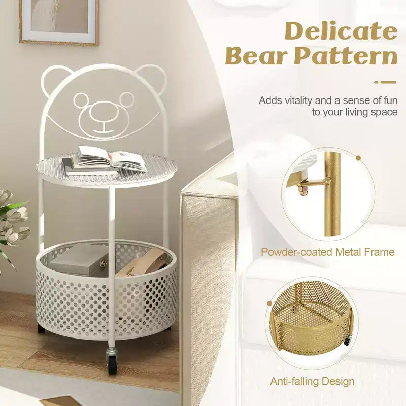 Table Basse Mobile en Verre à 2 Niveaux avec Panier de Rangement Motif Ours