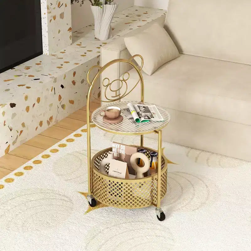 Table Basse Mobile en Verre à 2 Niveaux avec Panier de Rangement Motif Ours