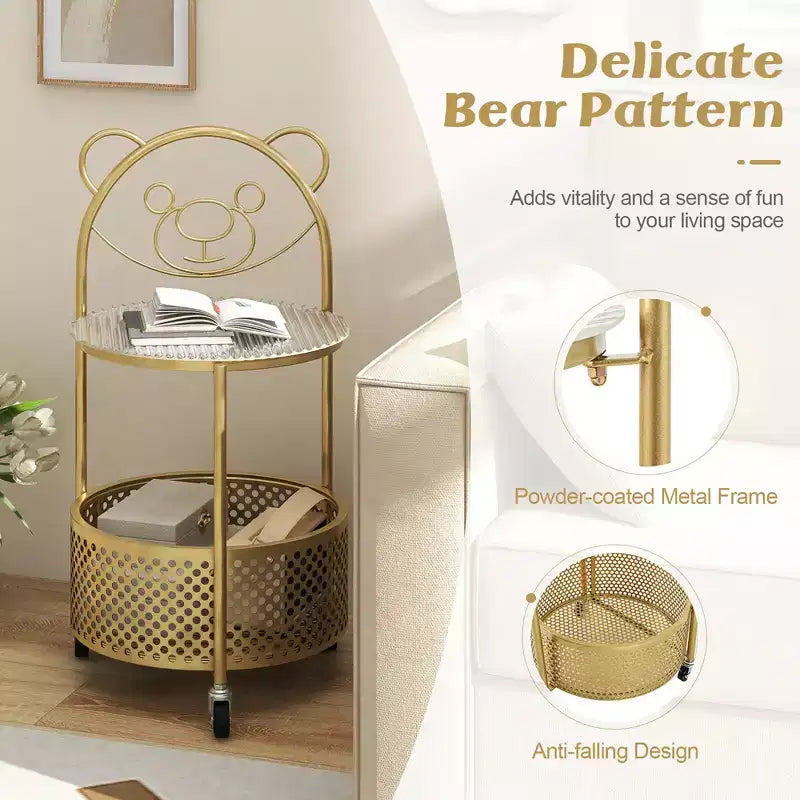Table Basse Mobile en Verre à 2 Niveaux avec Panier de Rangement Motif Ours