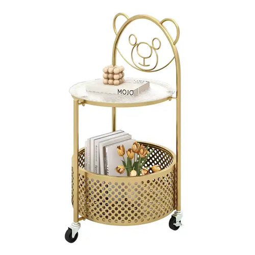 Costway 2-Tier Mobile Glass Coffee Table w/ Bear Pattern Storage Basket