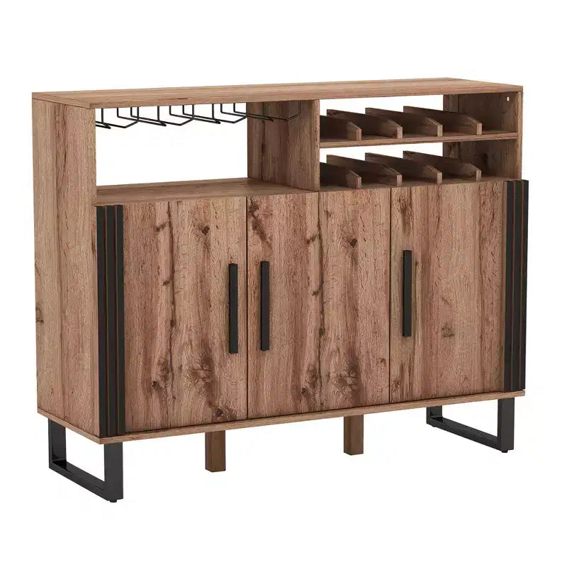 Meuble Bar à Boissons avec 3 Portes et Étagères Réglables, Buffet avec Range-Bouteilles à 2 Niveaux
