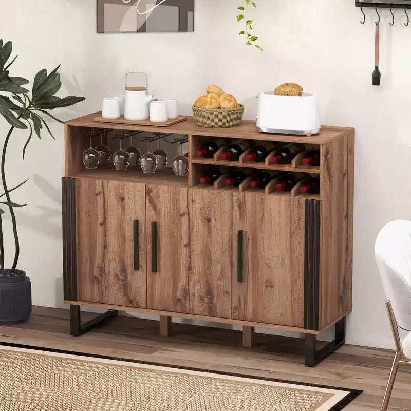 Meuble Bar à Boissons avec 3 Portes et Étagères Réglables, Buffet avec Range-Bouteilles à 2 Niveaux