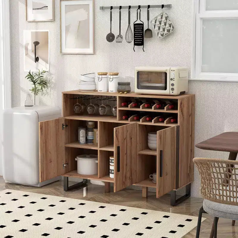 Meuble Bar à Boissons avec 3 Portes et Étagères Réglables, Buffet avec Range-Bouteilles à 2 Niveaux