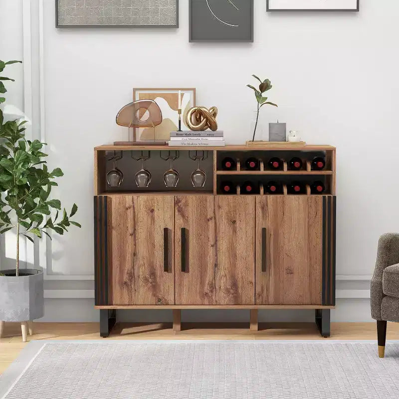 Meuble Bar à Boissons avec 3 Portes et Étagères Réglables, Buffet avec Range-Bouteilles à 2 Niveaux