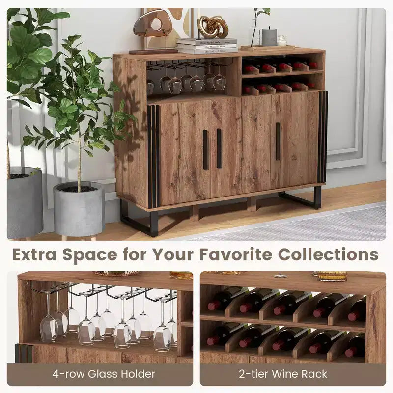Meuble Bar à Boissons avec 3 Portes et Étagères Réglables, Buffet avec Range-Bouteilles à 2 Niveaux