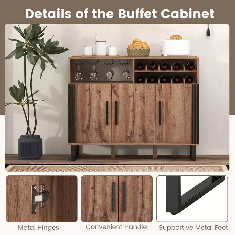 Meuble Bar à Boissons avec 3 Portes et Étagères Réglables, Buffet avec Range-Bouteilles à 2 Niveaux