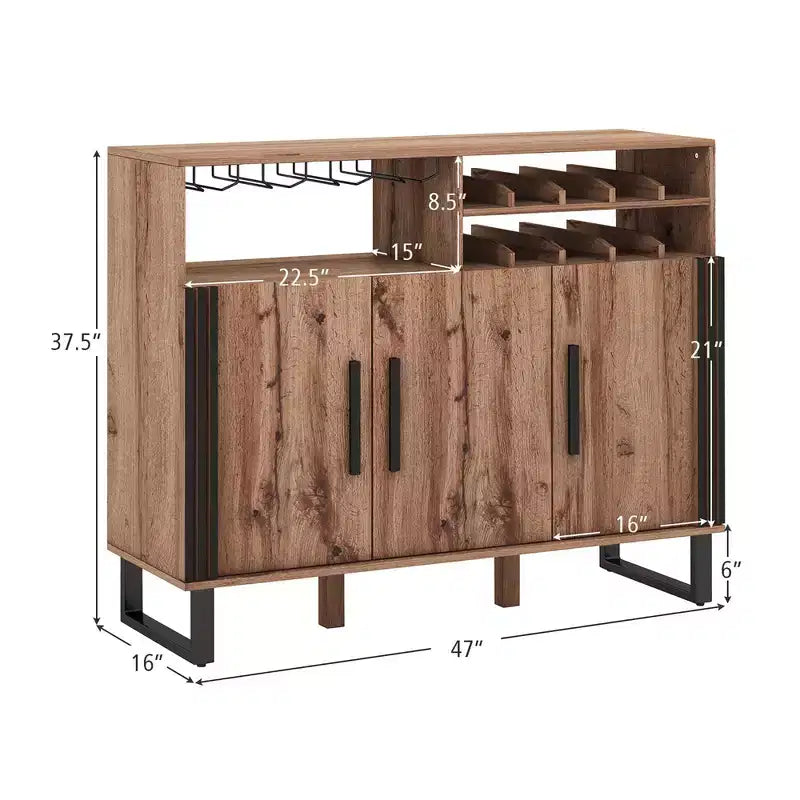 Meuble Bar à Boissons avec 3 Portes et Étagères Réglables, Buffet avec Range-Bouteilles à 2 Niveaux