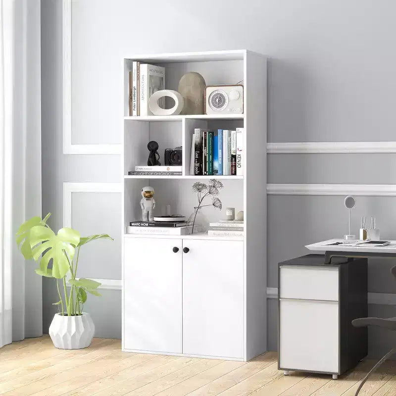 Bibliothèque à 5 niveaux Armoire de rangement autonome avec étagère réglable et meuble à 2 portes