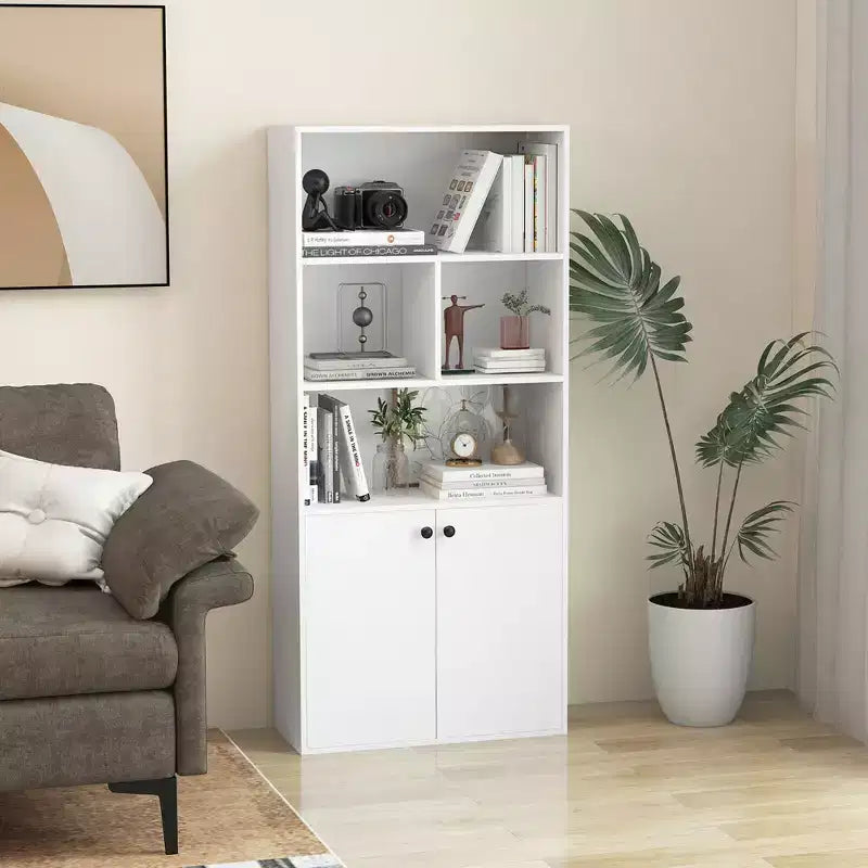 Bibliothèque à 5 niveaux Armoire de rangement autonome avec étagère réglable et meuble à 2 portes