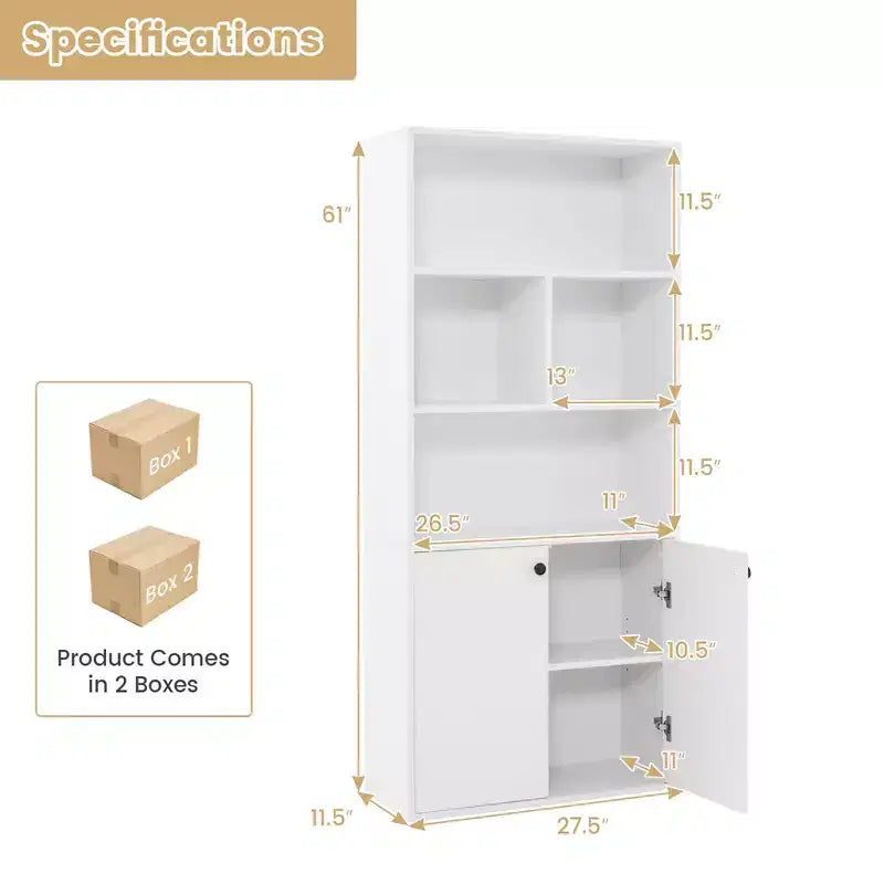 Bibliothèque à 5 niveaux Armoire de rangement autonome avec étagère réglable et meuble à 2 portes