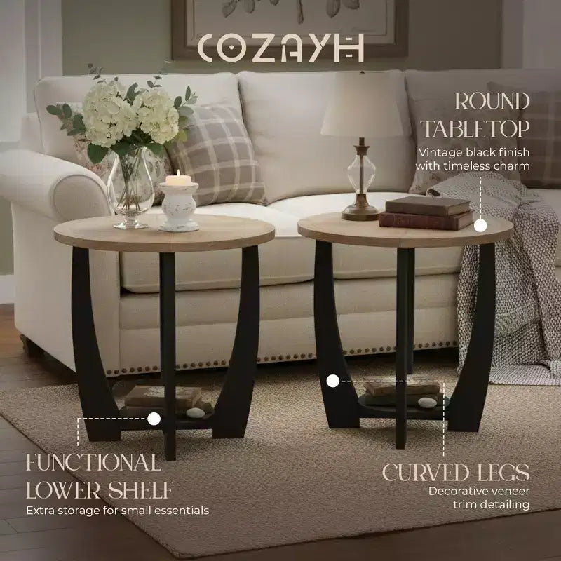 Table d'appoint ronde rustique pour salon, avec étagère de rangement, lot de 2
