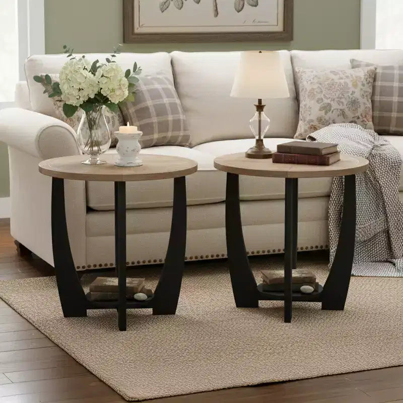 Table d'appoint ronde rustique pour salon, avec étagère de rangement, lot de 2